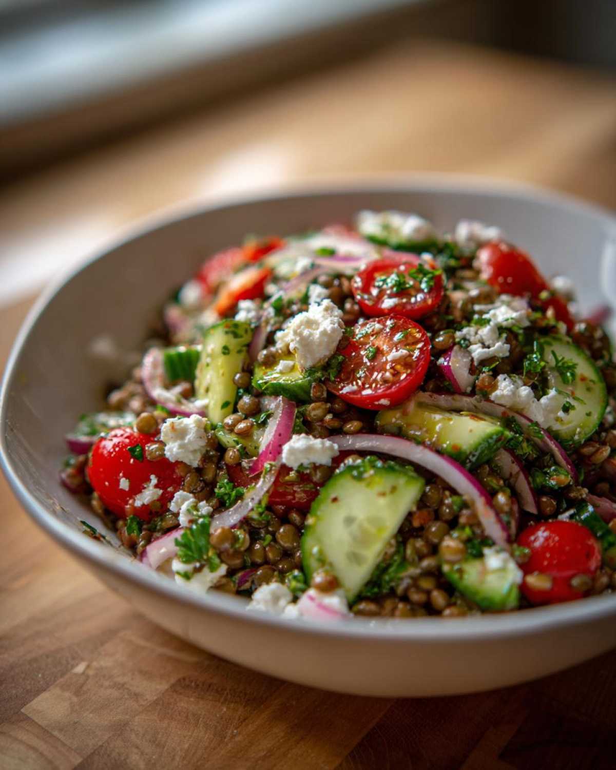 Close-up of a fresh lentil salad featuring lentils, sliced cucumbers, red onion, cherry tomatoes, and crumbled feta cheese.