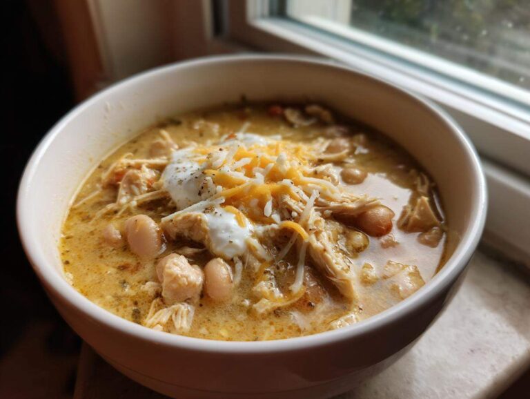 Close-up of a hearty bowl of creamy white chicken chili topped with shredded cheese and sour cream.