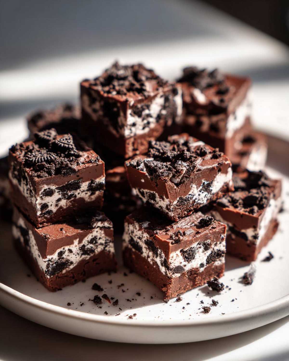 A stack of rich, dark chocolate Oreo fudge squares filled with white cream and topped with crushed cookies.