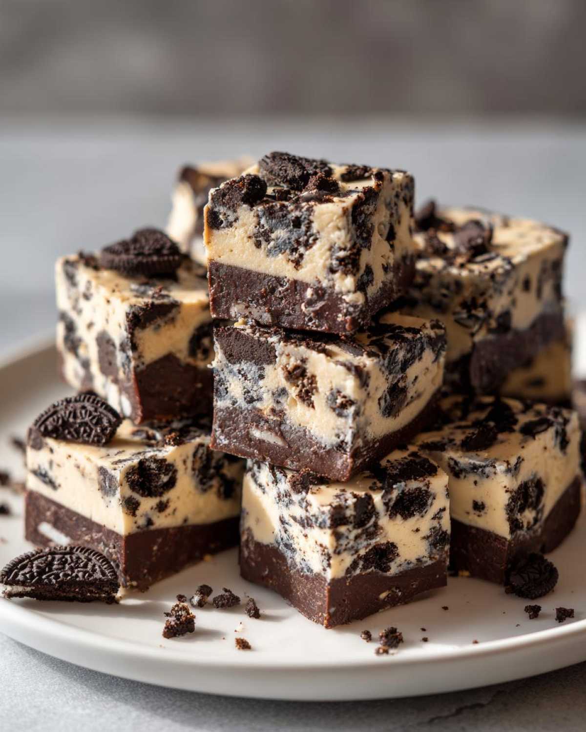 A stack of rich, two-layered Oreo fudge squares featuring a dark chocolate base and cookies and cream topping.