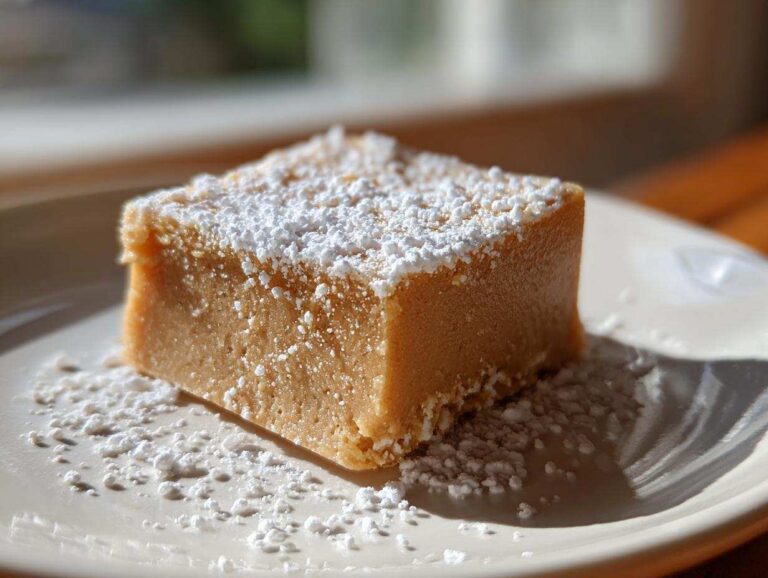 A single, thick square of creamy peanut butter fudge dusted generously with powdered sugar.