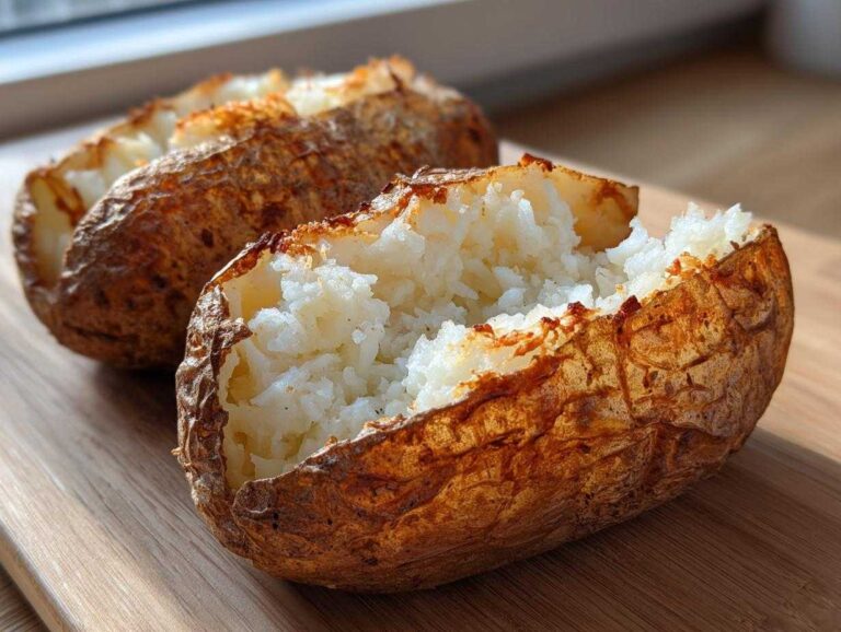 Close-up of a perfectly cooked air fryer baked potato, split open to show fluffy white interior and crispy skin.