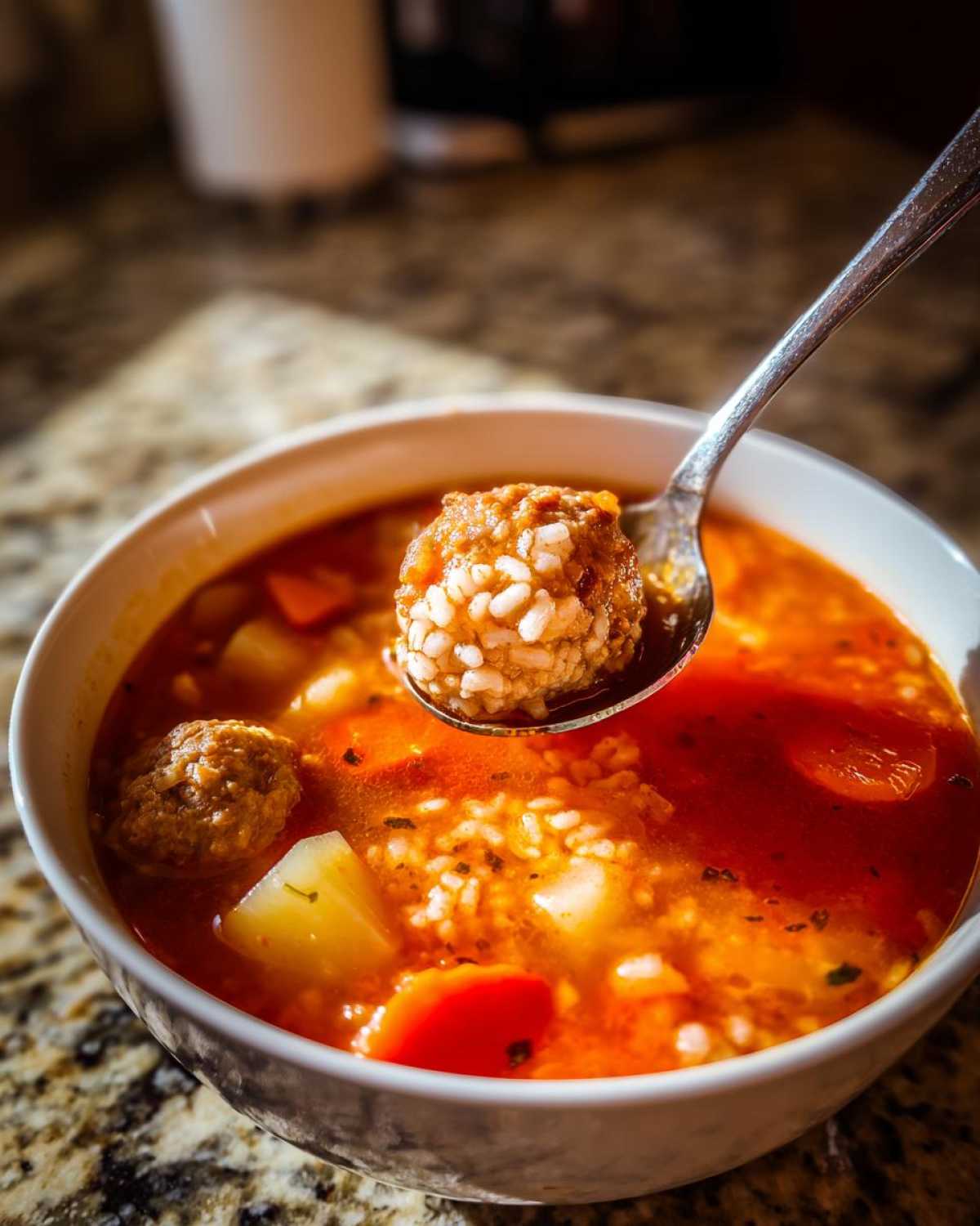 A spoonful of albondigas soup is lifted, showing a rice-stuffed meatball over a bowl of rich tomato broth with vegetables.