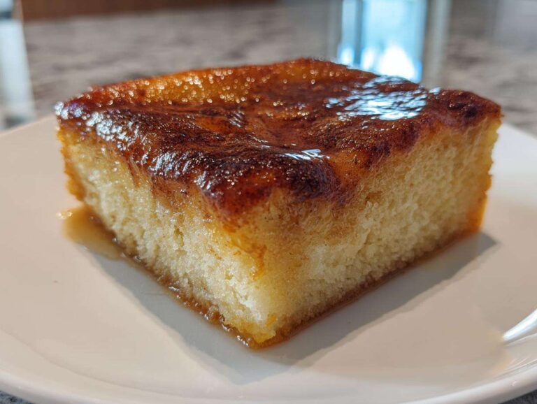 Close-up of a square slice of amazing baked french toast with a caramelized, glossy brown top.
