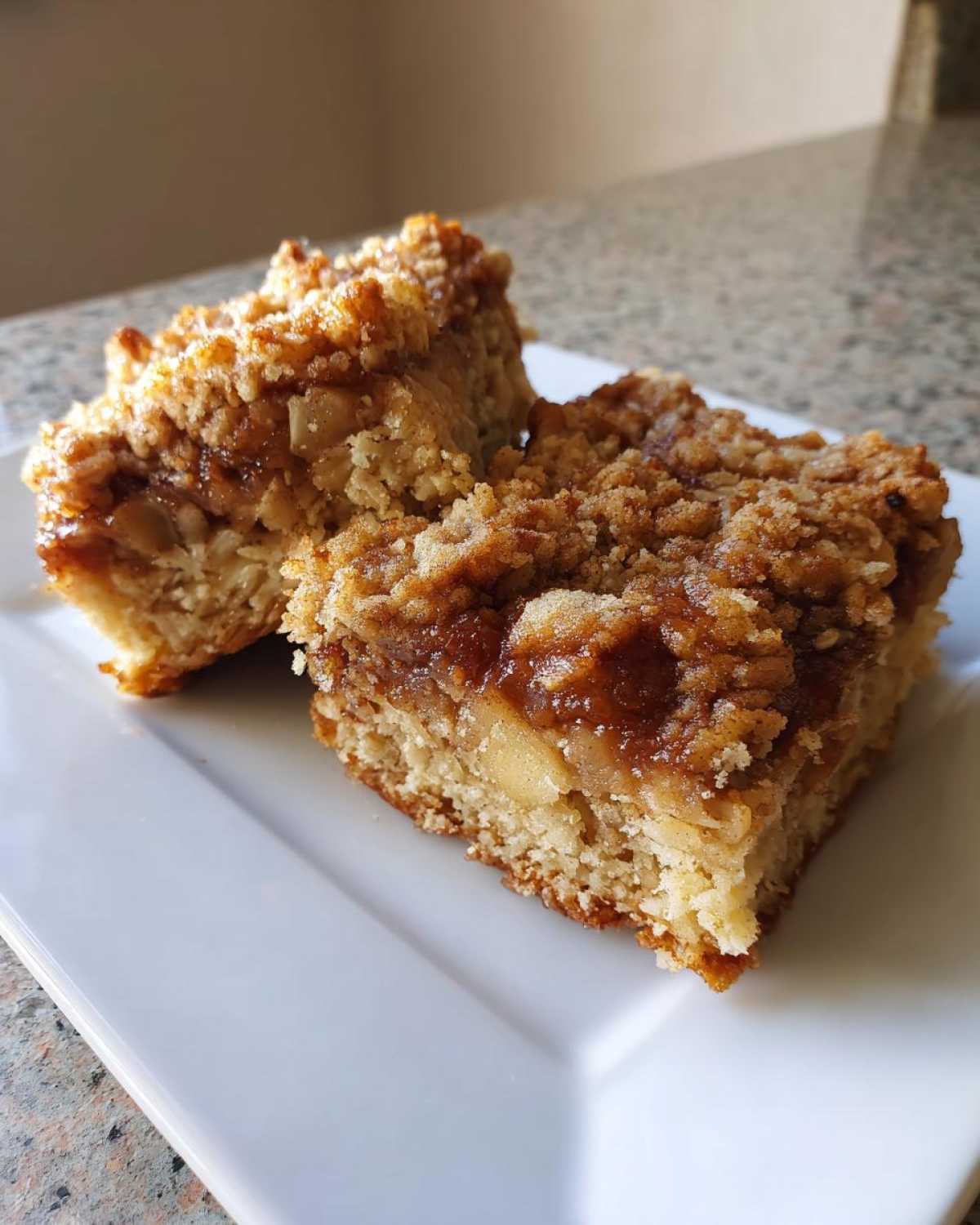 Two squares of delicious baked oatmeal with a thick, caramelized apple filling and crunchy streusel topping.