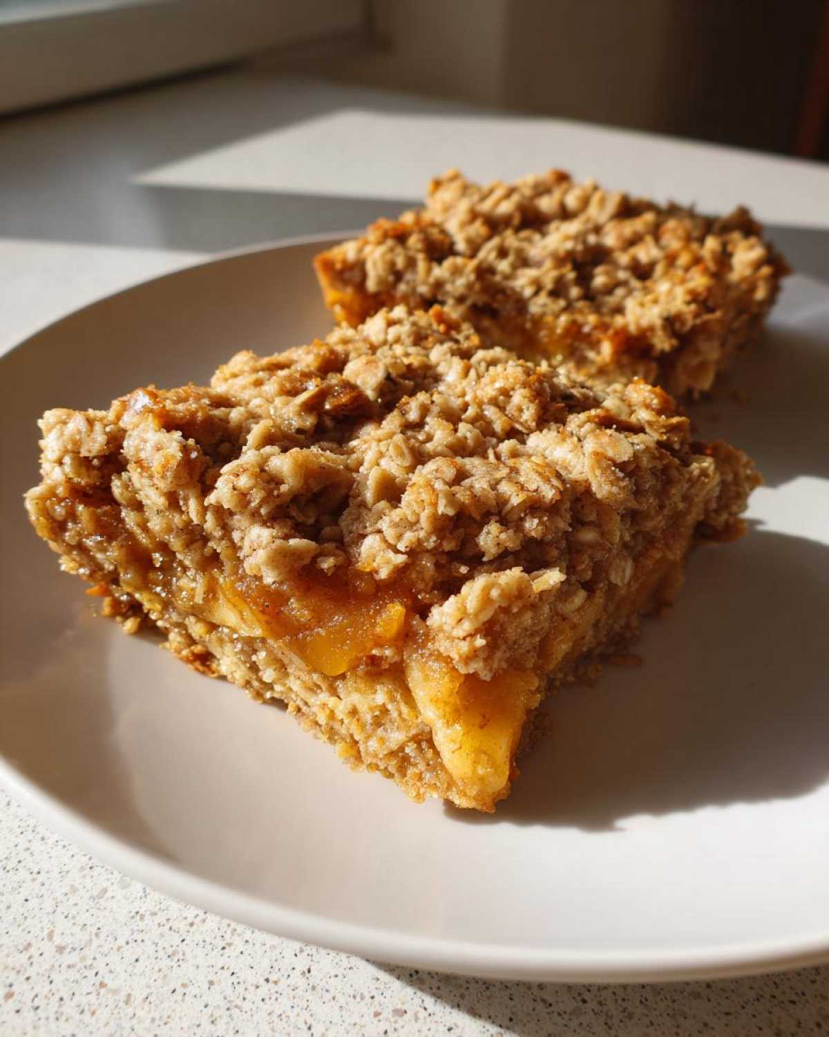 Two squares of amazing baked oatmeal with a thick, golden brown crumble topping served on a white plate.