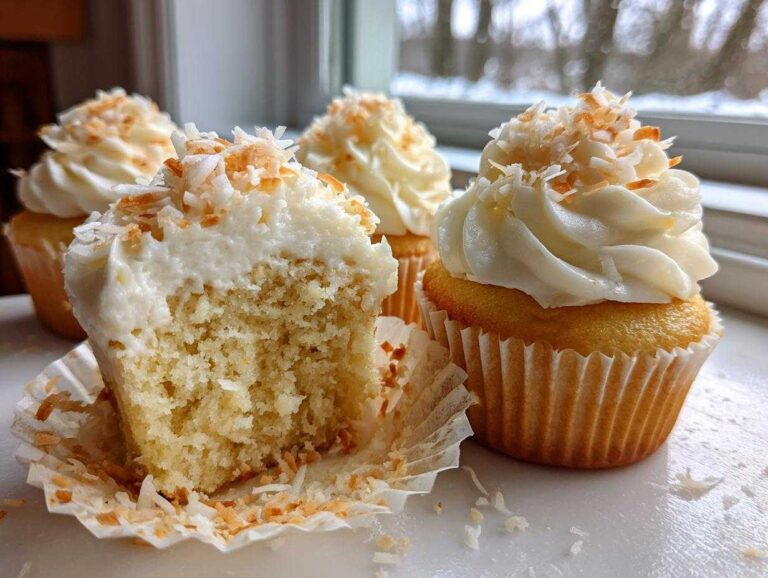Close-up of amazing coconut cupcakes, one cut in half showing the moist interior, topped with white frosting and toasted coconut flakes.