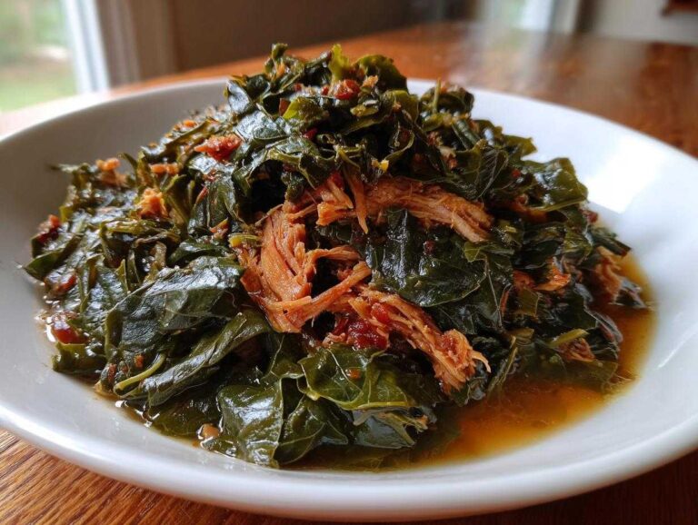 A white bowl filled with rich, dark green collard greens mixed with shredded smoked meat, served in flavorful broth.