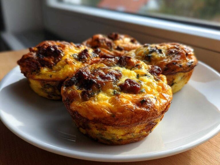 Four freshly baked, golden brown egg muffin portions with visible sausage and herbs, resting on a white plate near a window.