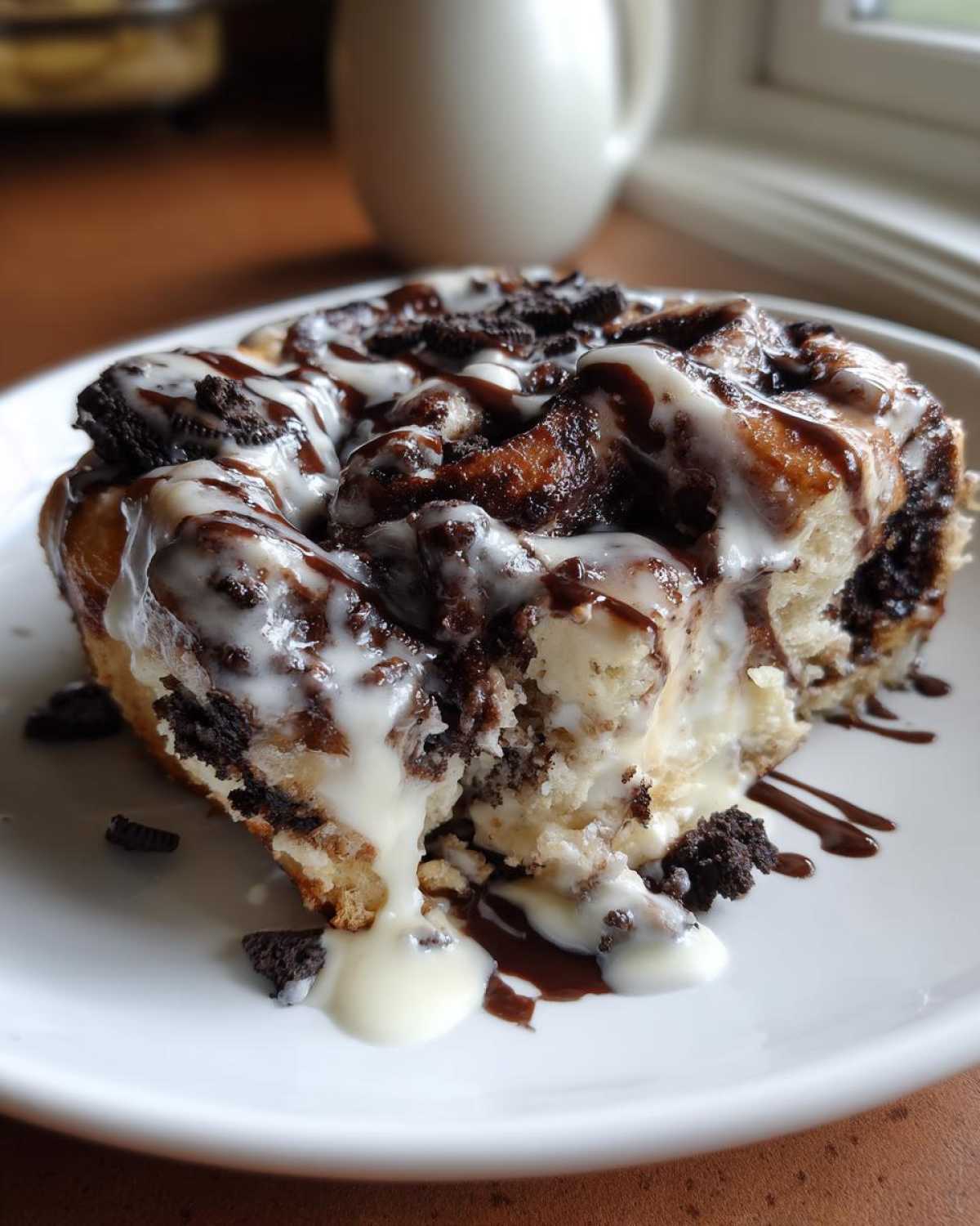 A decadent, single serving of amazing oreo cinnamon rolls, drizzled with white icing and chocolate sauce, topped with cookie crumbles.