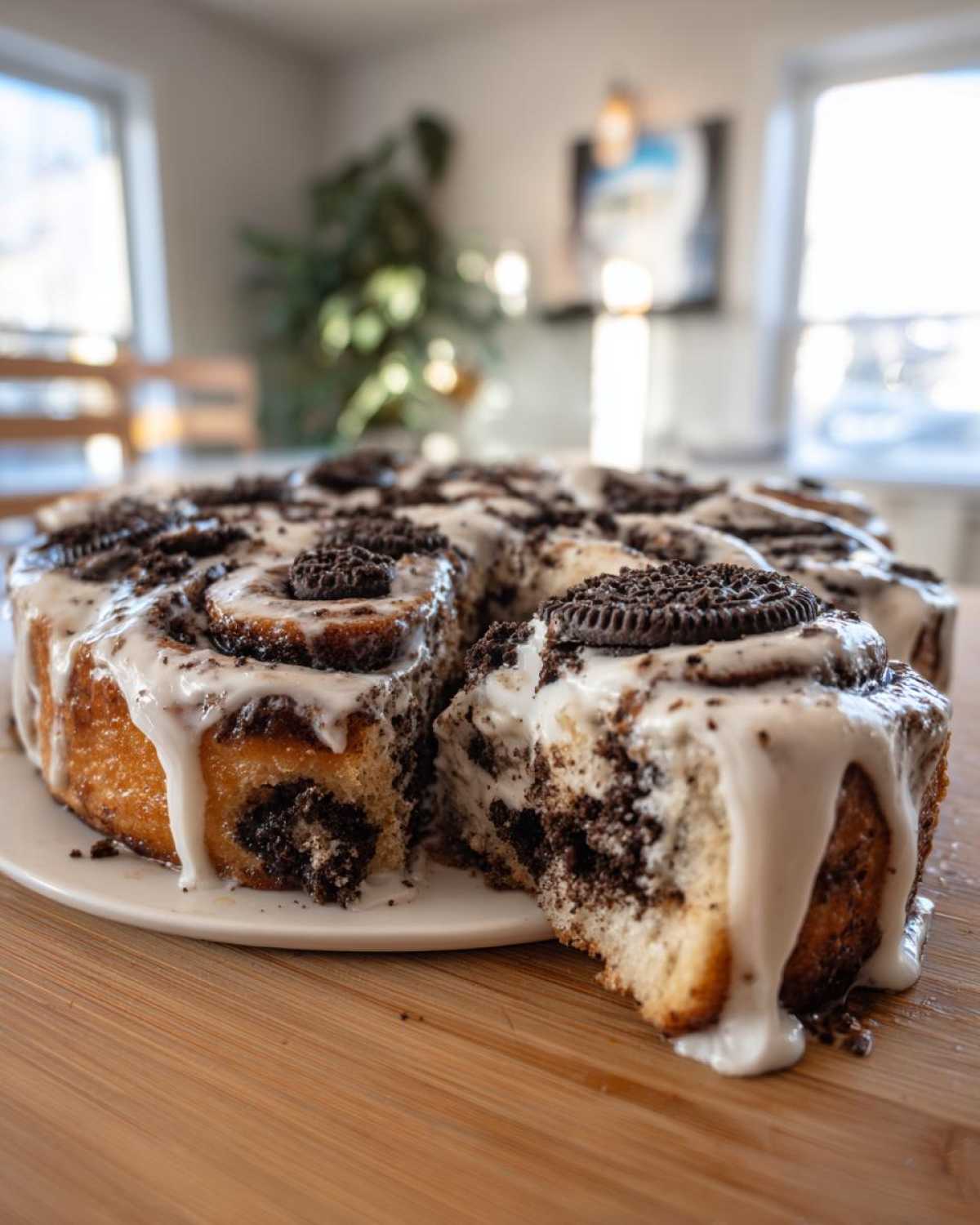 A pan of freshly baked oreo cinnamon rolls covered in white icing and topped with crushed Oreos.