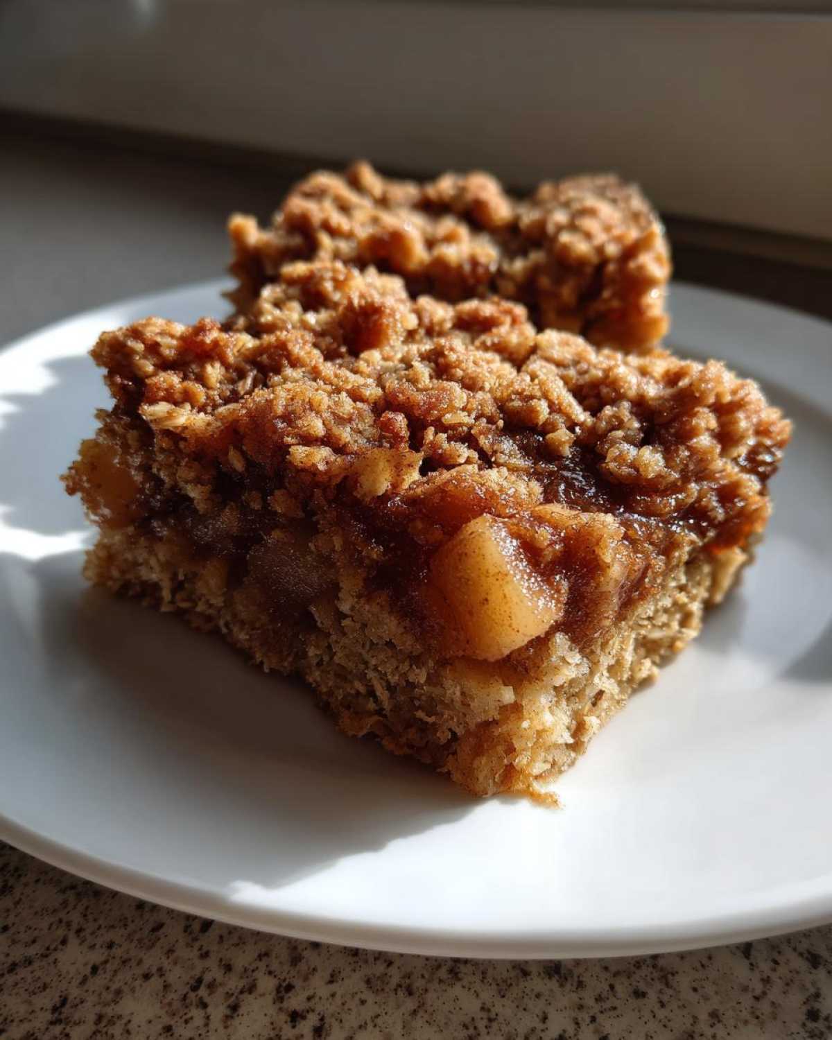 Close-up of a square slice of apple baked oatmeal with a thick, brown sugar crumble topping served on a white plate.
