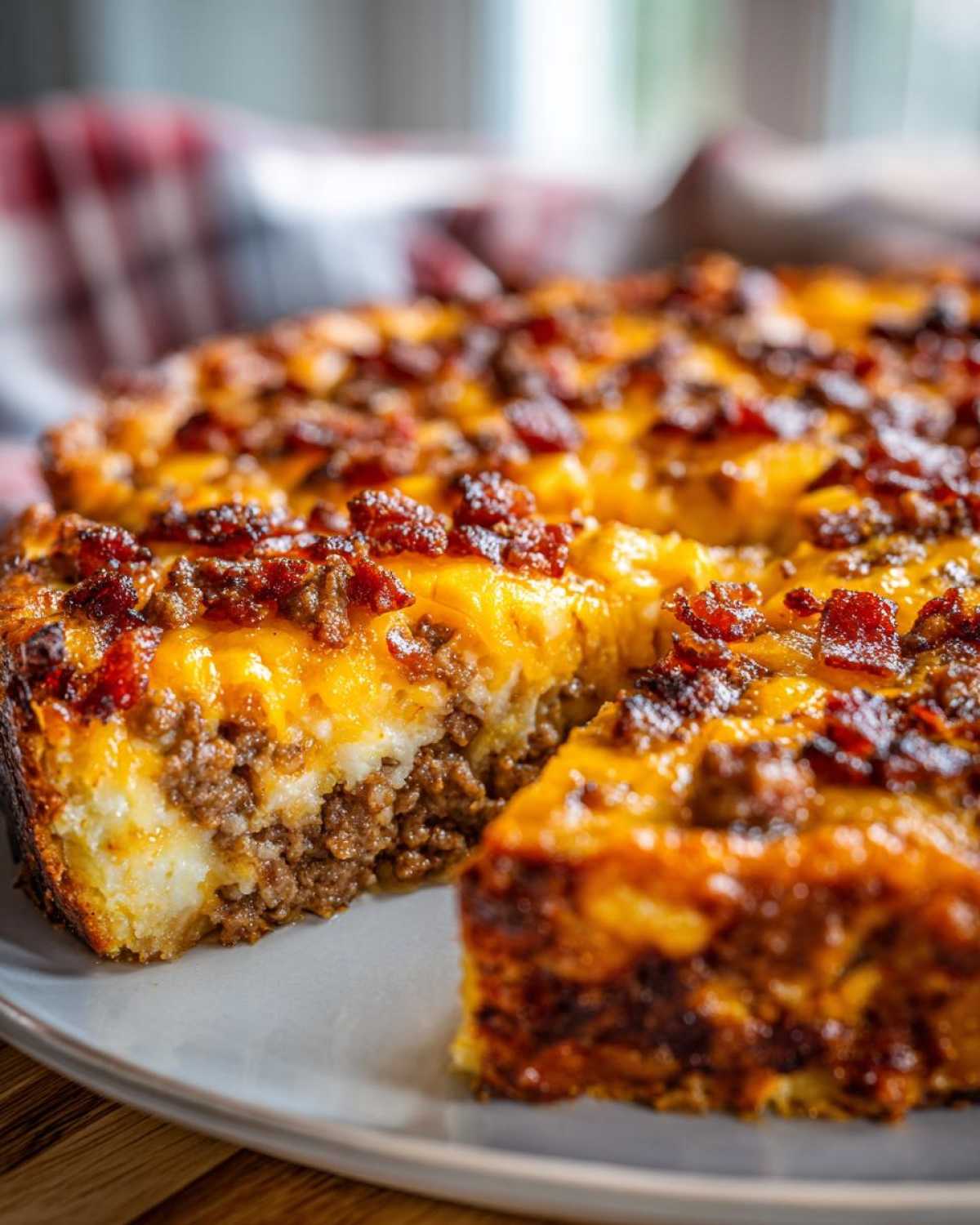 A close-up of a thick slice cut from a bacon cheeseburger casserole, showing ground beef, cheese, and bacon topping.