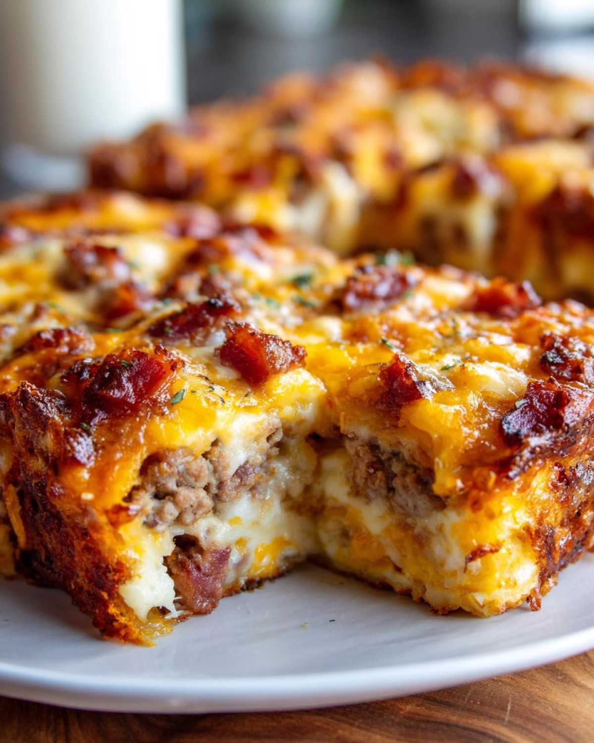 Close-up of a square slice of bacon cheeseburger casserole showing ground meat, melted cheese, and bacon pieces.