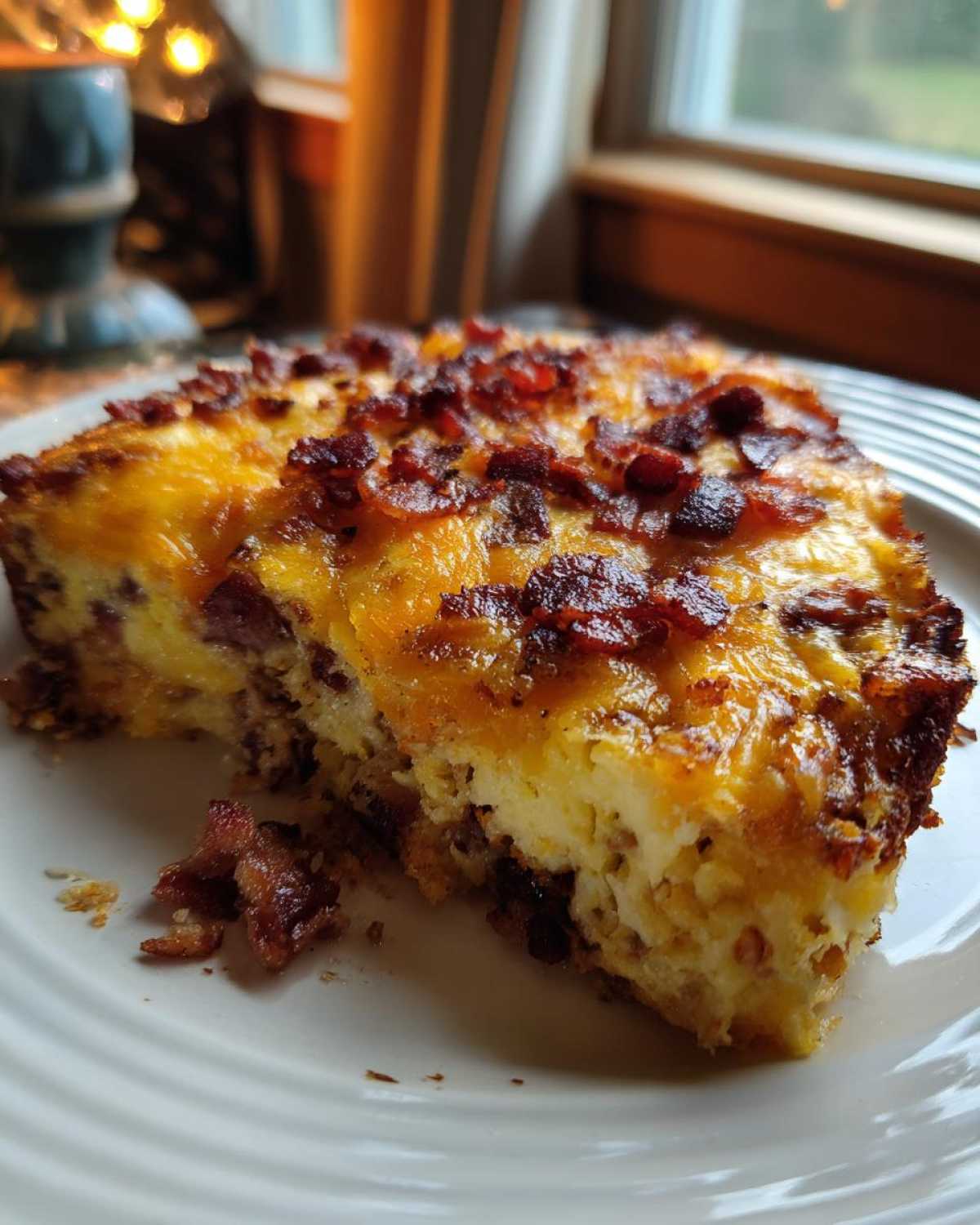 A close-up of a hearty slice of bacon cheeseburger casserole topped with melted cheese and crispy bacon bits.