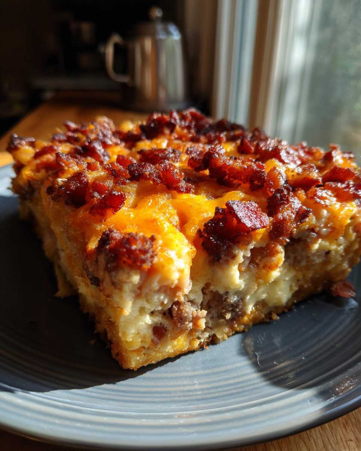 A close-up slice of bacon cheeseburger casserole topped with melted cheese and crispy bacon bits.