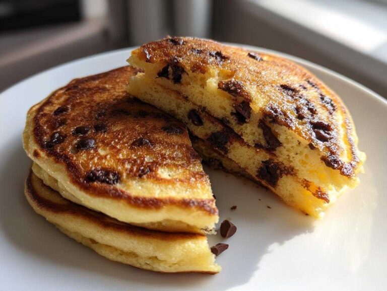 A stack of fluffy chocolate chip pancakes cut in half, showing melted chocolate chips inside.