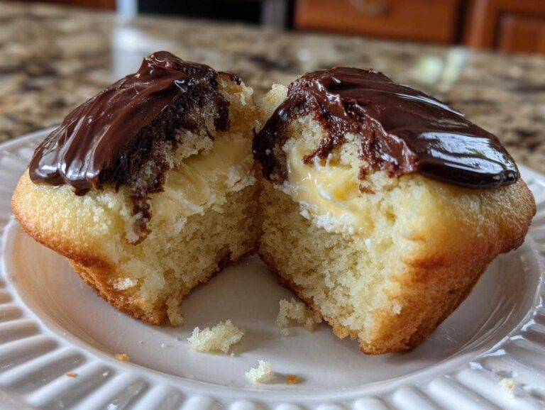 A Boston cream pie cupcakes cut in half showing vanilla cake, pastry cream filling, and chocolate ganache topping.