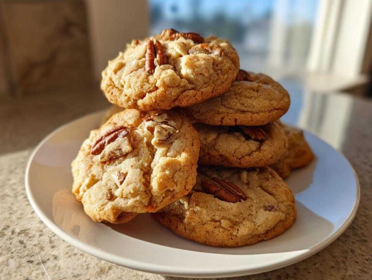 A stack of golden brown butter pecan cookies topped with whole pecans, resting on a white plate.