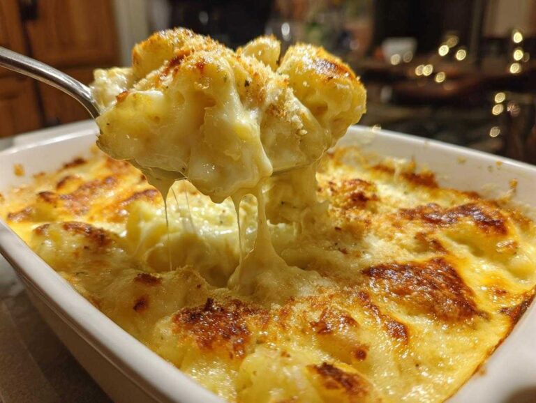 A spoonful of creamy, cheesy broccoli cauliflower casserole being lifted, showing melted cheese strings.