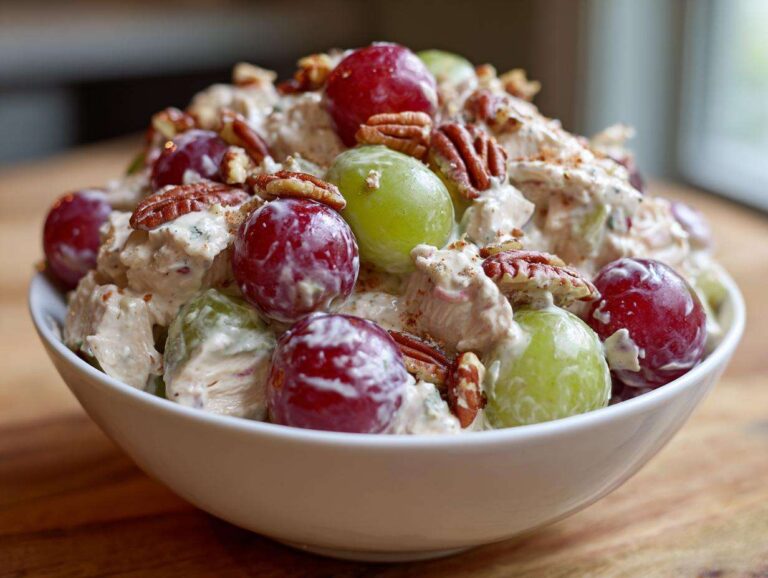 A close-up of creamy chicken salad chick grape salad mixed with red and green grapes and pecans in a white bowl.