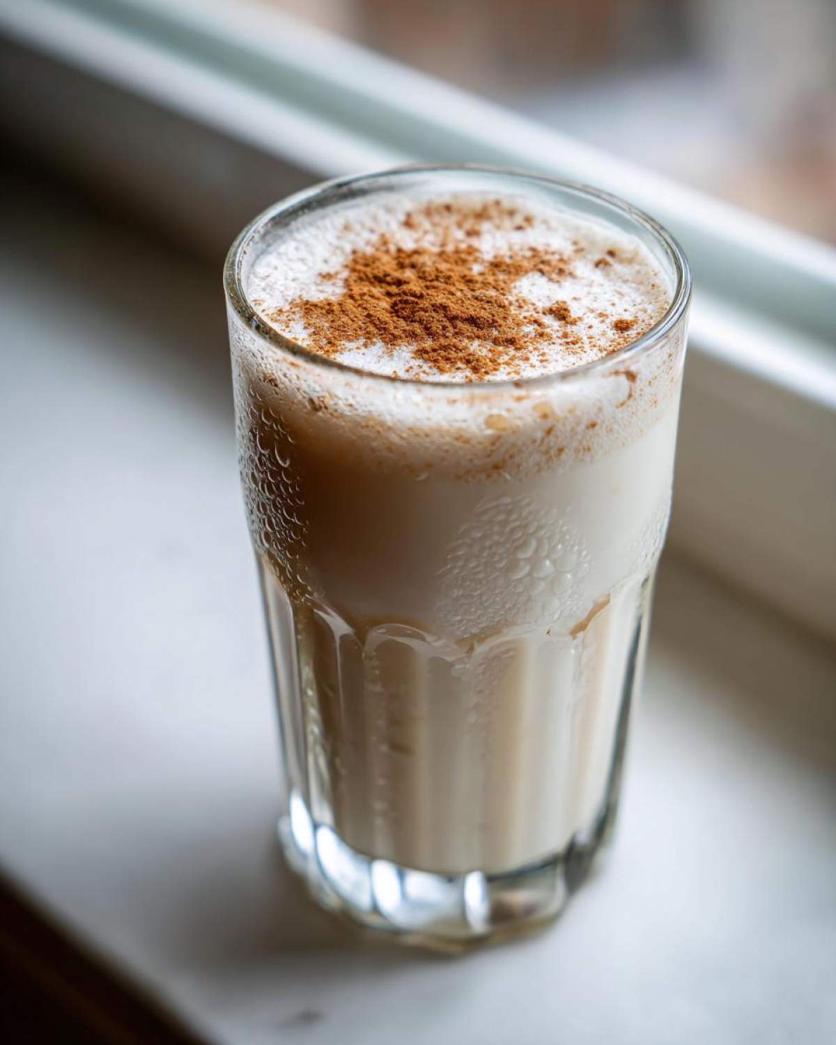 A tall, chilled glass of creamy coquito topped with a dusting of ground cinnamon, sitting on a white surface.