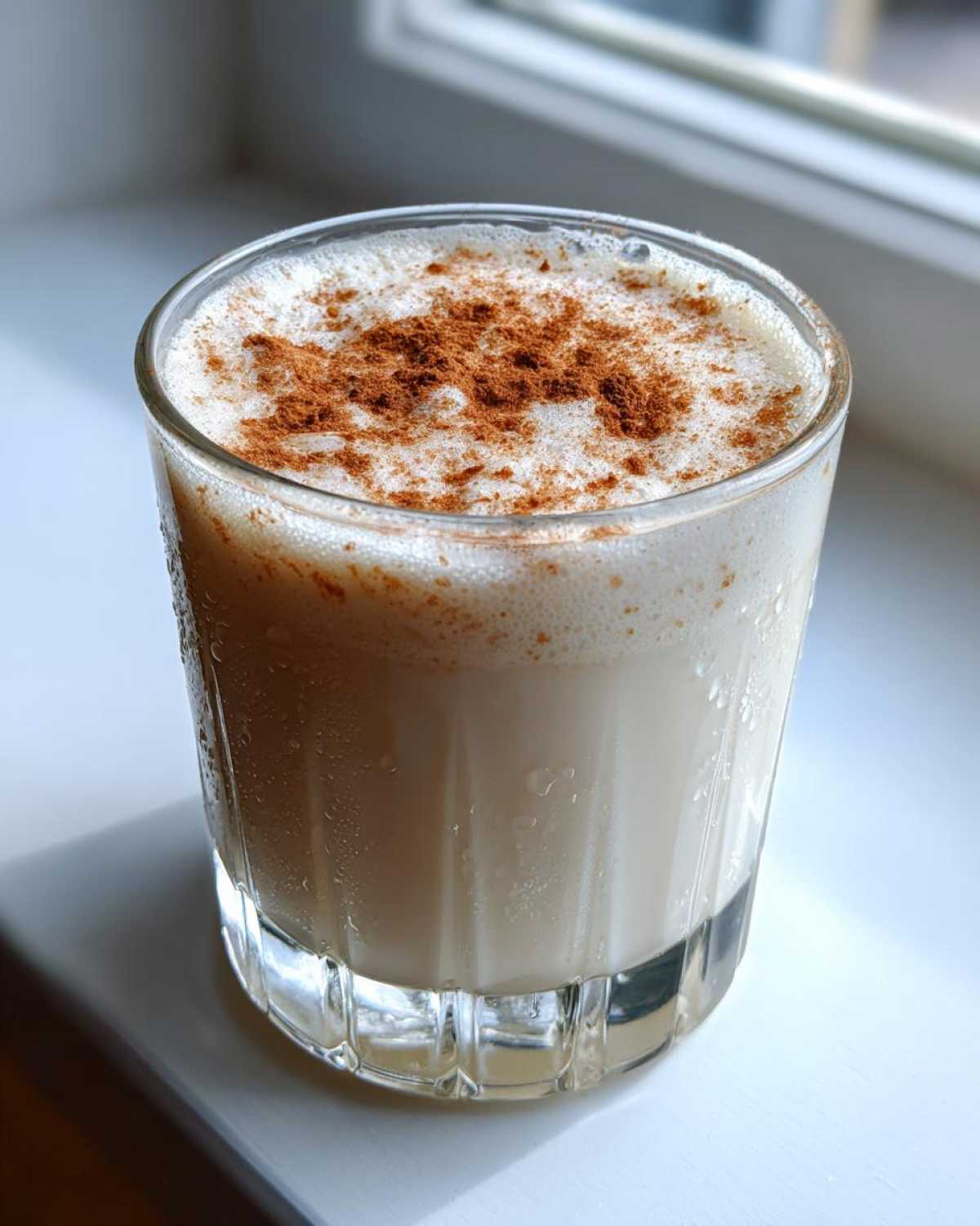 A chilled glass of creamy coquito topped generously with ground cinnamon, sitting on a white surface near a window.