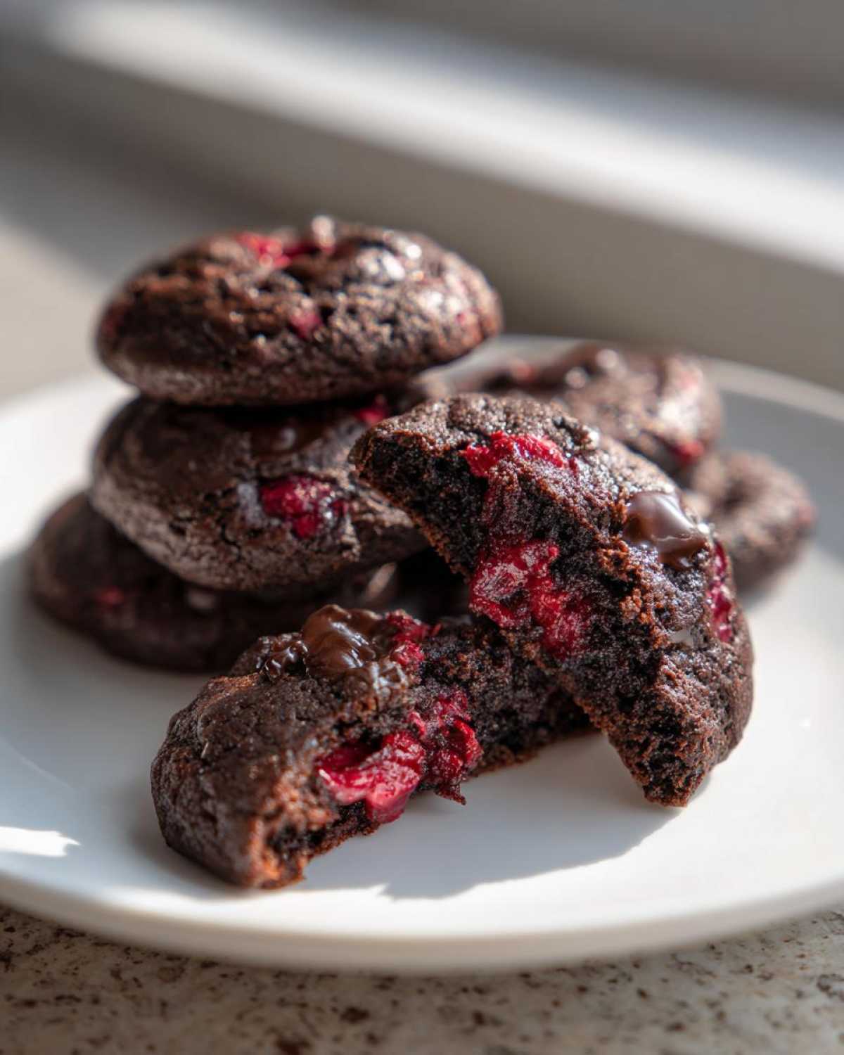 A stack of dark chocolate cherry cookies, with one broken in half showing the bright red cherry filling.