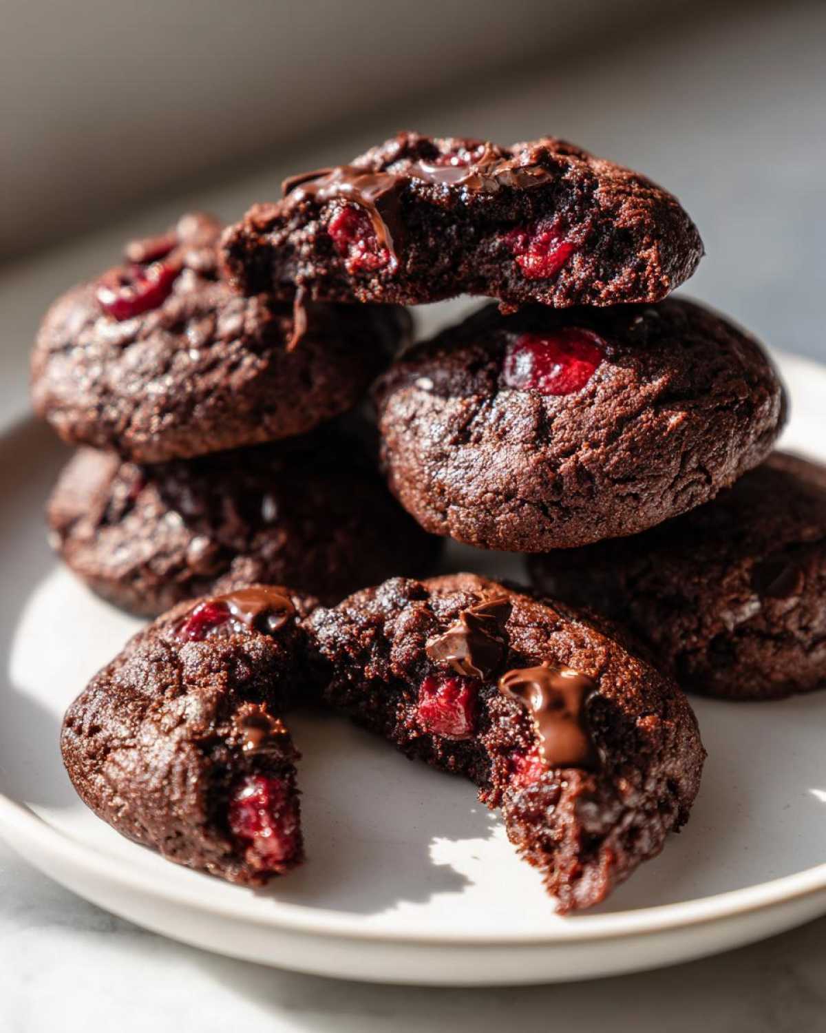 A stack of rich, dark chocolate cherry cookies, with one broken in half showing the gooey interior and bright red cherries.