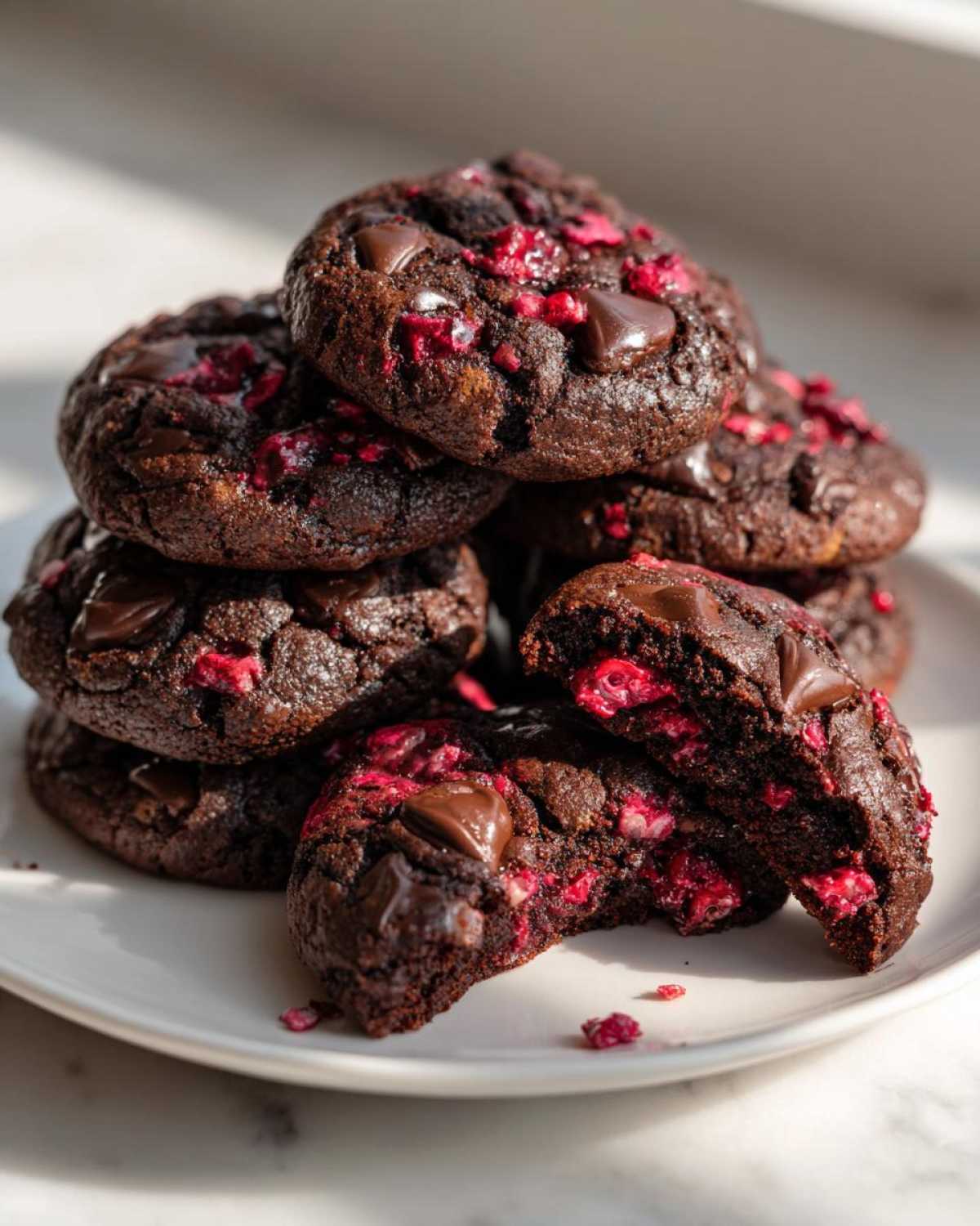 A stack of rich, dark chocolate cherry cookies with visible chunks of chocolate and bright red fruit pieces.