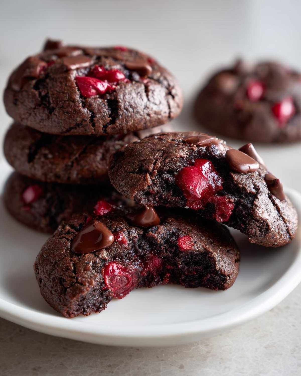 Close-up of a stack of fudgy chocolate cherry cookies, one broken open to show the gooey cherry filling.