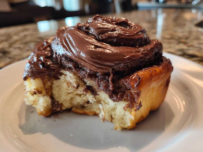 Close-up of a soft, fluffy chocolate cinnamon rolls with thick, glossy chocolate frosting, showing a bite taken out.