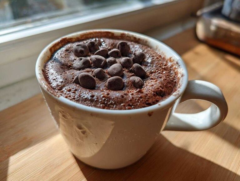 Close-up of a warm chocolate mug cake topped with melted chocolate chips, ready to eat.