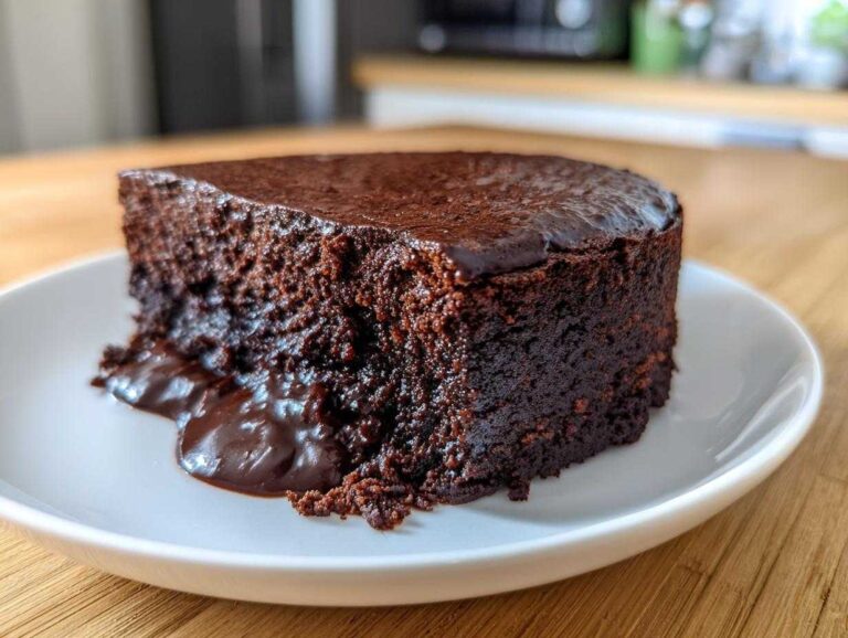 A thick slice of rich chocolate pudding cake showing a moist interior and gooey sauce pooling on the white plate.