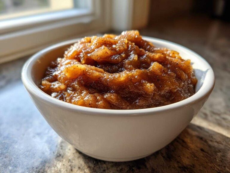 A close-up of chunky, dark brown homemade applesauce served in a white bowl near a window.