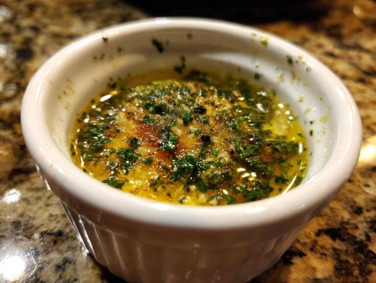 Close-up of melted cowboy butter dipping sauce, rich with herbs and garlic, served in a small white ramekin.