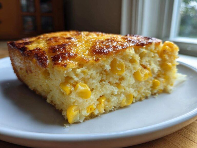 A close-up of a moist slice of cream cheese corn casserole with a golden, slightly browned top.