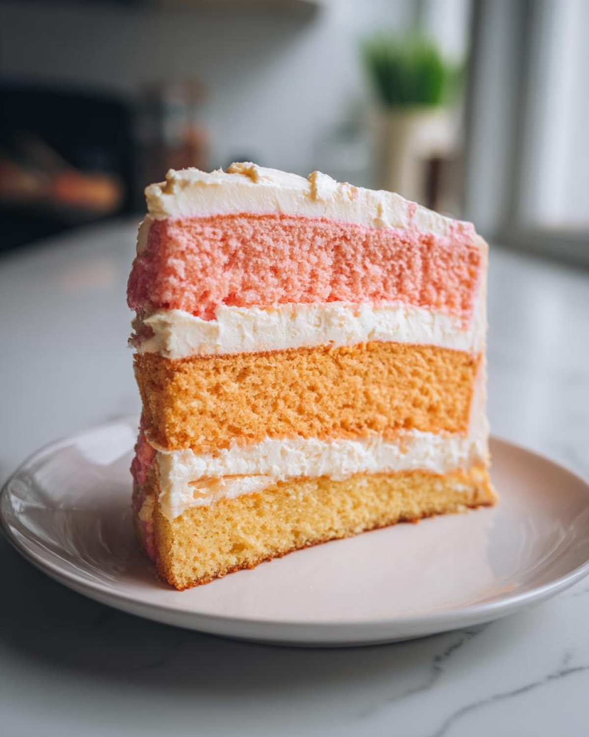 A tall slice of Creamsicle Cake featuring alternating layers of orange, pink sponge, and white cream frosting.
