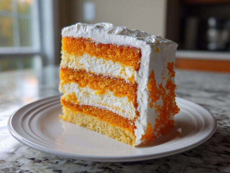 A tall slice of Creamsicle Cake showing layers of orange cake and white cream filling, frosted with white icing.
