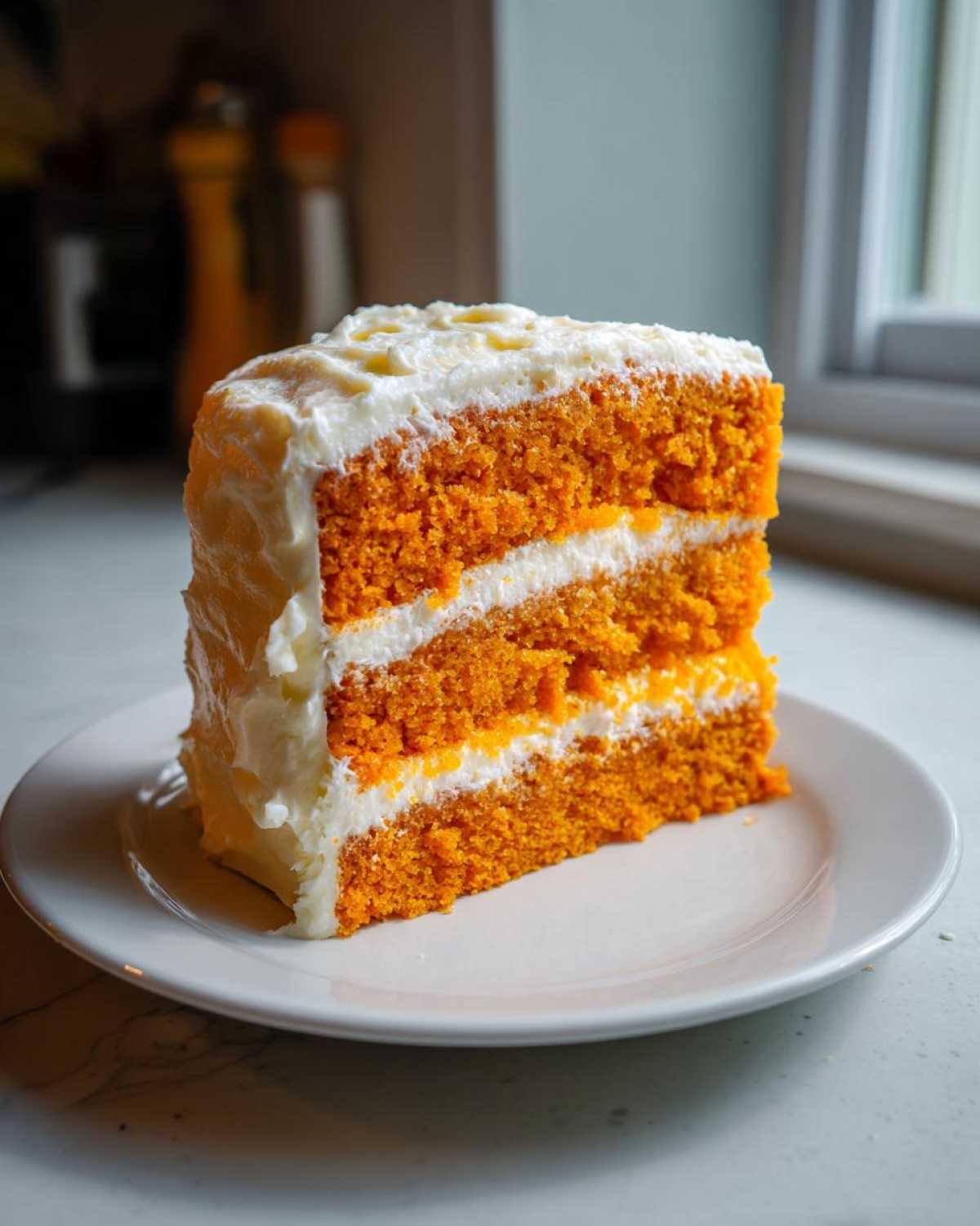 A tall slice of three-layer Creamsicle Cake with bright orange layers and white frosting, served on a white plate.