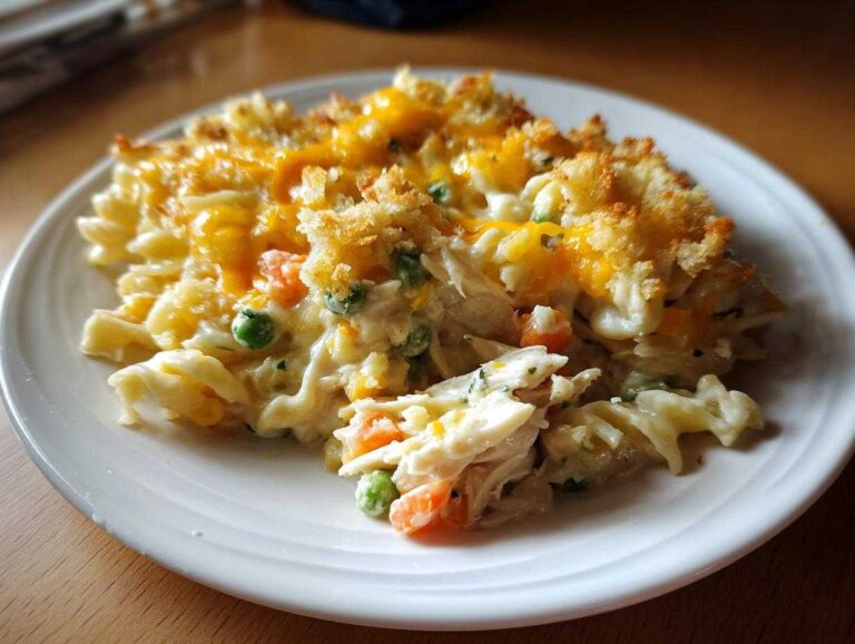 A serving of creamy chicken noodle casserole with visible shredded chicken, peas, carrots, and a golden, cheesy breadcrumb topping.