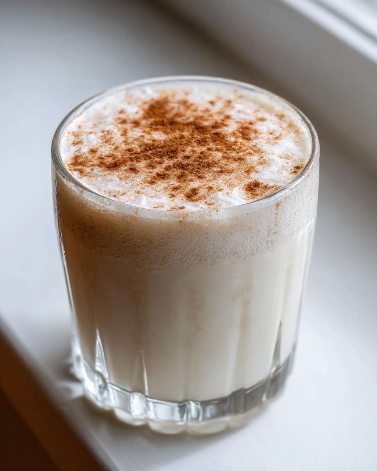 A close-up of a glass filled with creamy coquito, topped with a generous dusting of ground cinnamon.