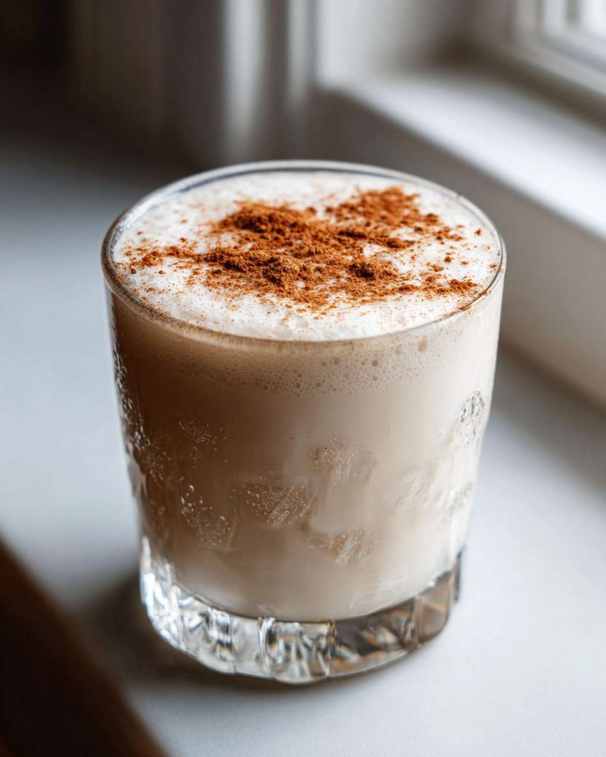 A glass of creamy coquito topped with a dusting of ground cinnamon, sitting on a light surface.