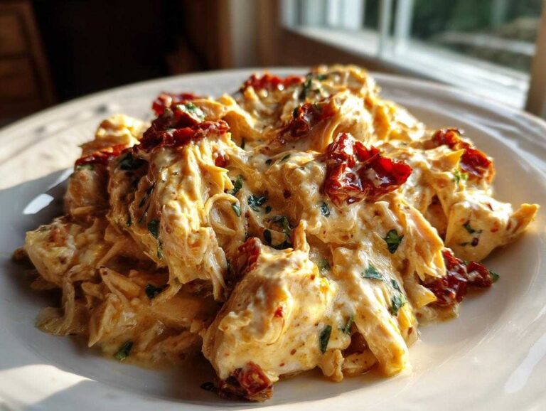 Shredded chicken coated in a rich, creamy sauce with sun-dried tomatoes, representing crockpot marry me chicken.