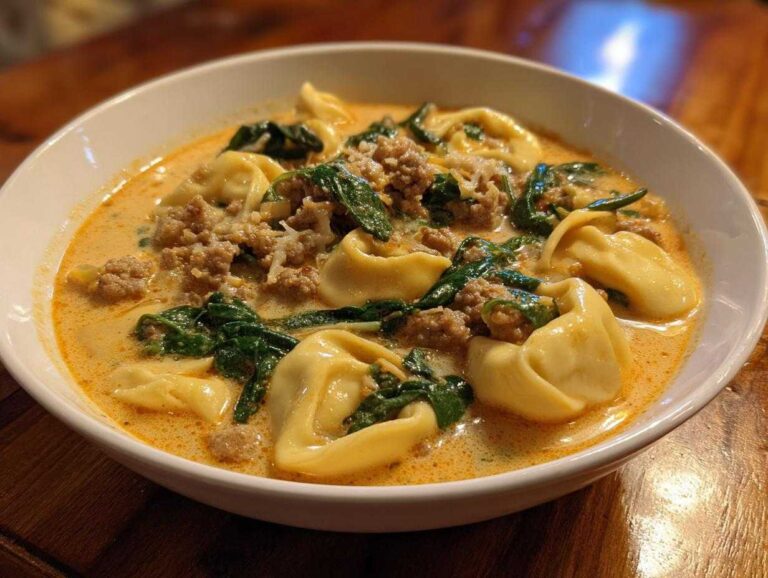 Close-up of a hearty bowl of creamy italian sausage tortellini soup with spinach and cheese.
