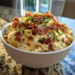 A bowl filled with creamy, cheesy million dollar dip, generously topped with crumbled bacon pieces and fresh chopped chives.