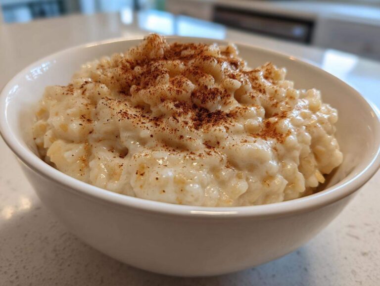 A close-up of creamy rice pudding served in a white bowl, generously dusted with cinnamon.