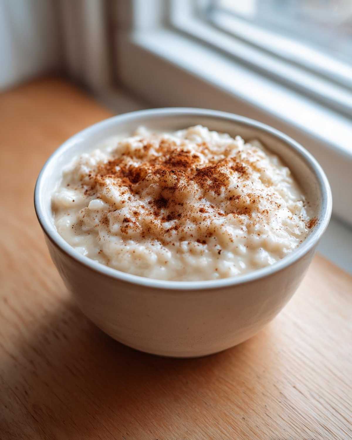 A close-up of a creamy bowl of rice pudding recipe topped generously with ground cinnamon.