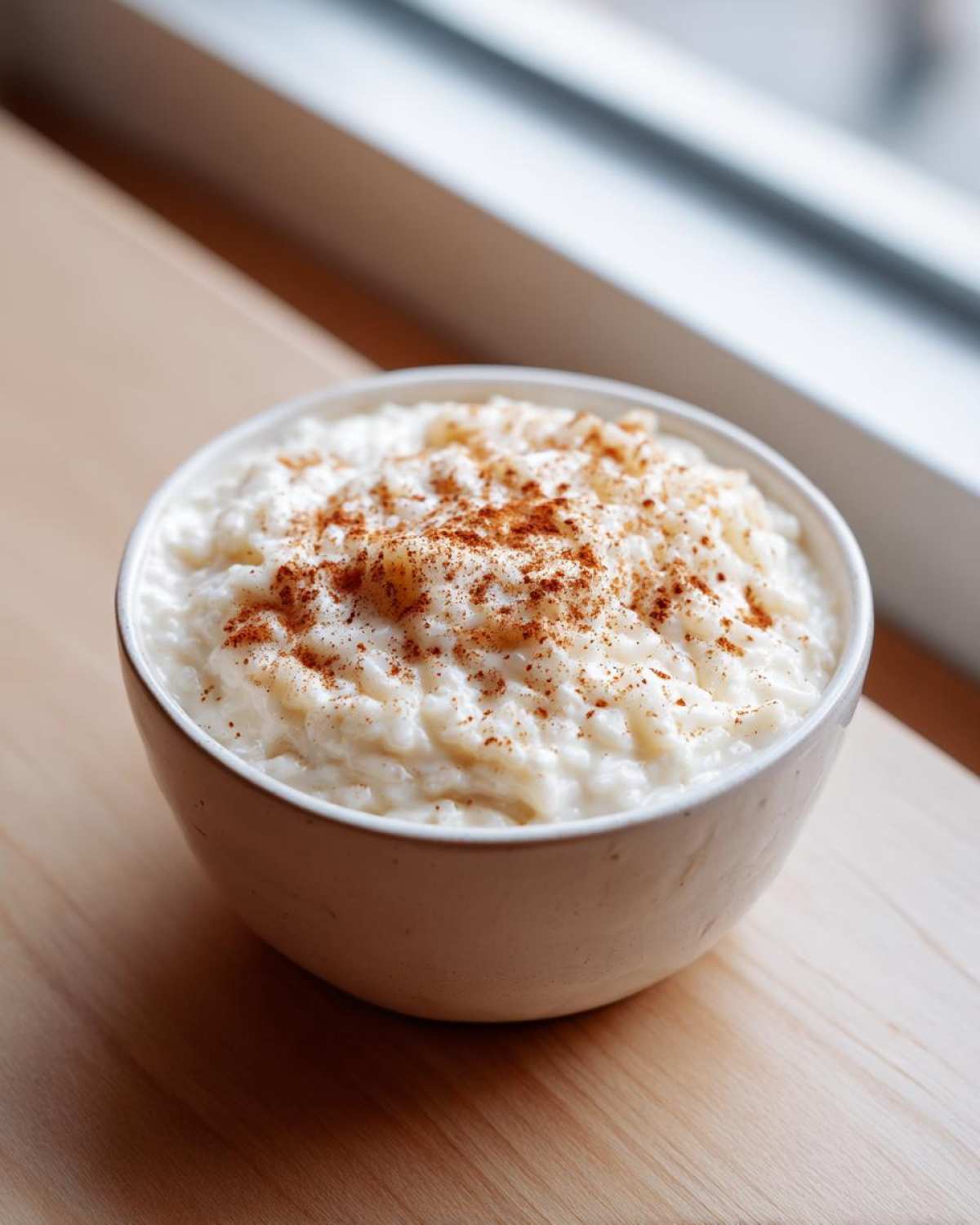 A close-up of creamy rice pudding recipe in a white bowl, dusted generously with cinnamon.