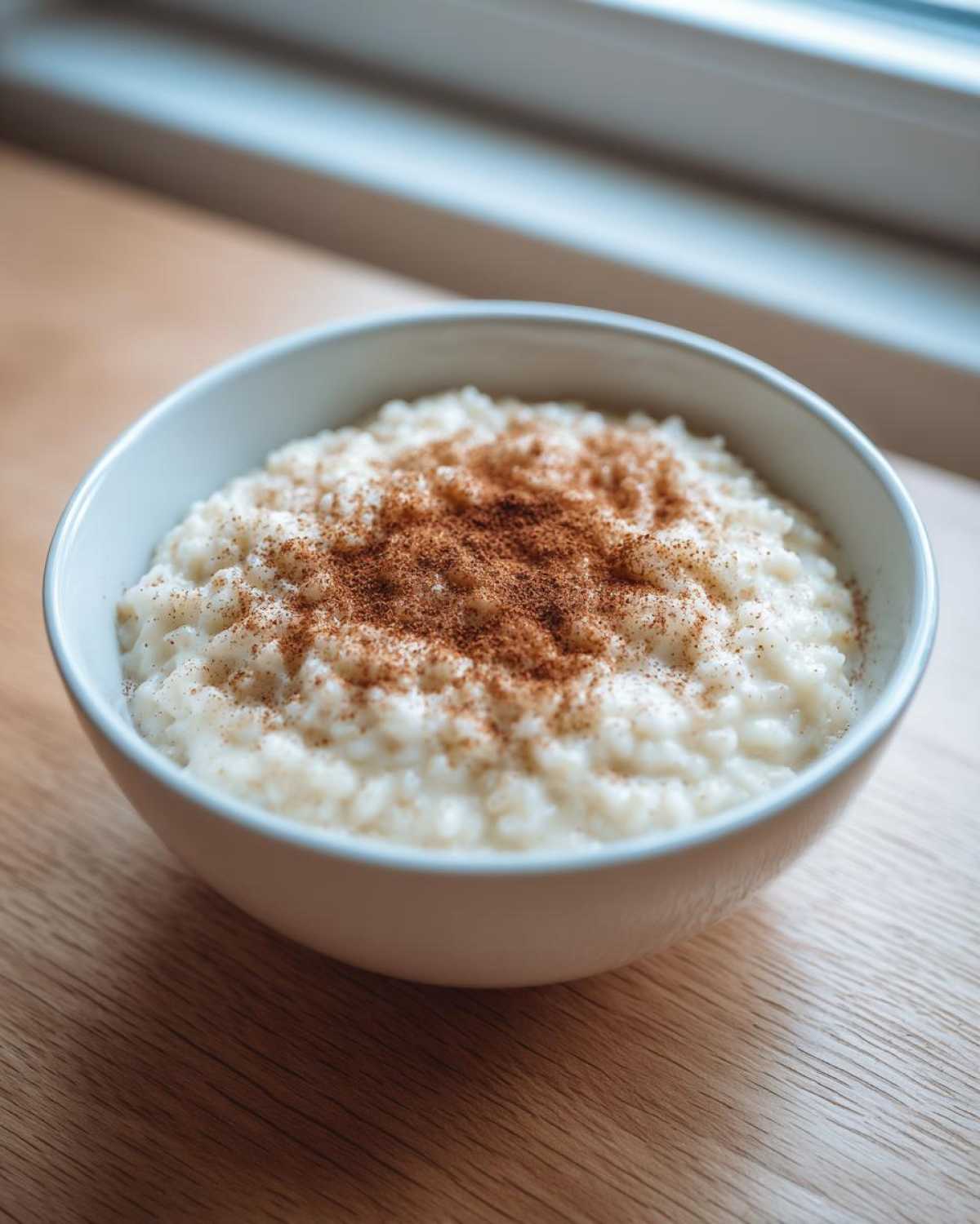 A close-up of a white bowl filled with creamy rice pudding recipe, generously topped with ground cinnamon.